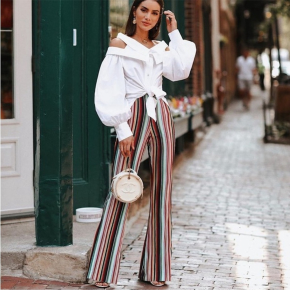 Camila Coelho Pants - Camila Coelho Revolve Jaggar Multi Color High Waist Stripe Flare Pull On Pant S